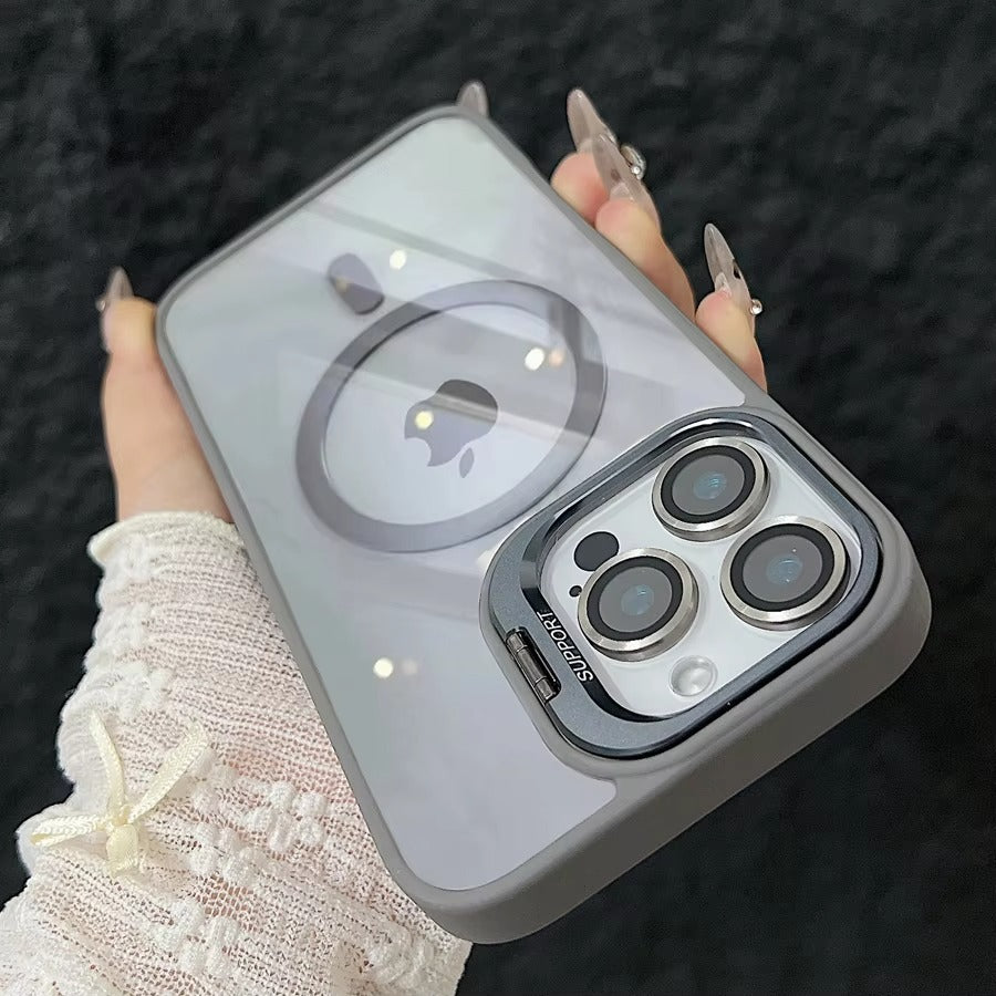 Premium Apple iPhone Case MagSafe Compatible, Camera Lens & Screen Protection, Cover with Transparent Stand & Lens Film