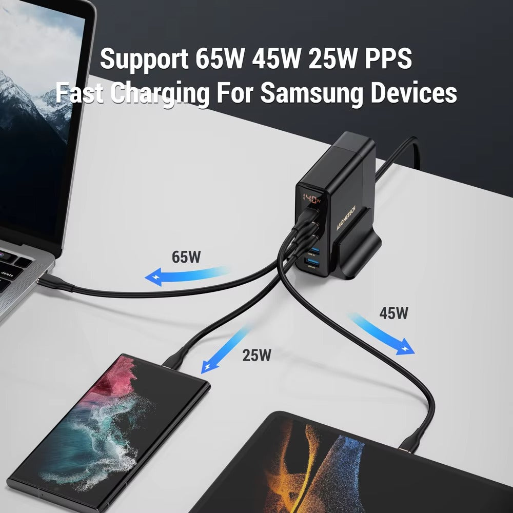High Quality 140W GaN Desktop Charger – 5 Port Fast Charging Station with USB C PD PPS QC Support for Laptops, Tablets, Phones and Smart Devices