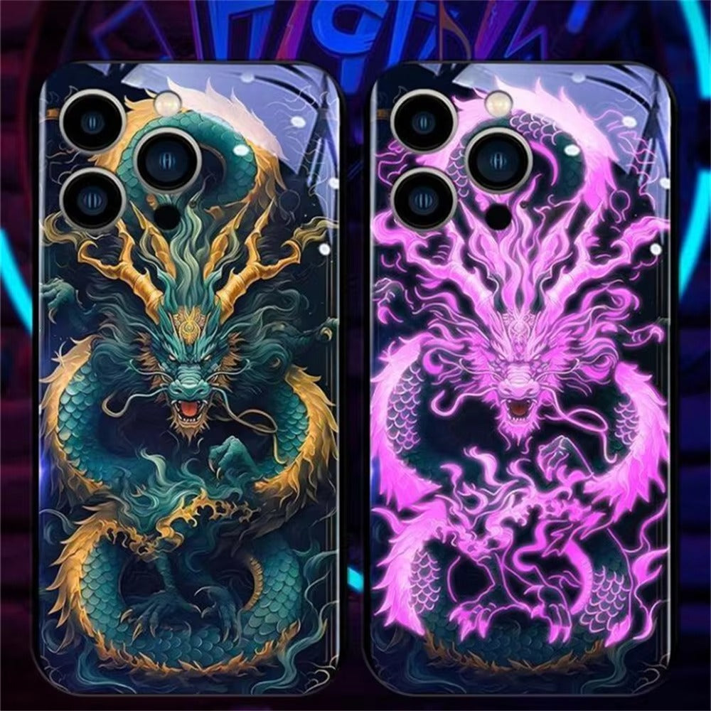 Premium Apple iphone Case, LED Flash, Sound Reactive, Shockproof, Ultra Thin, Full Body Protection, Golden Dragon Luminous Glass Cover