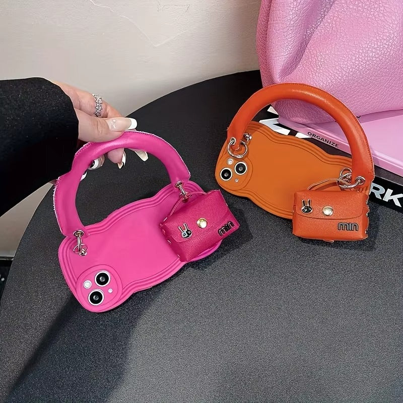 High Quality Apple iPhone Case, MagSafe Compatible, Camera Lens & Screen Protection, Ultra Thin, Shockproof, Magnetic Full All Around Cover – Rabbit-Inspired Portable Case with Headphone Pouch in Orange & Rose Red