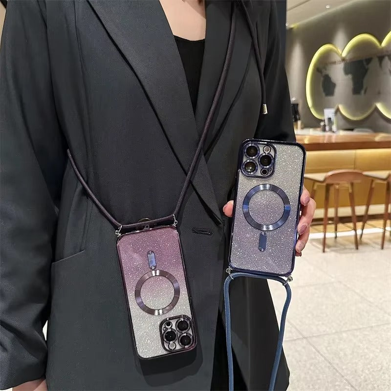 Luxury Apple iPhone Case, MagSafe Compatible, Camera Lens & Screen Protection, Ultra Thin, Shockproof, Magnetic Full All Around Cover – Glitter Crossbody Plating TPU Soft Back Case