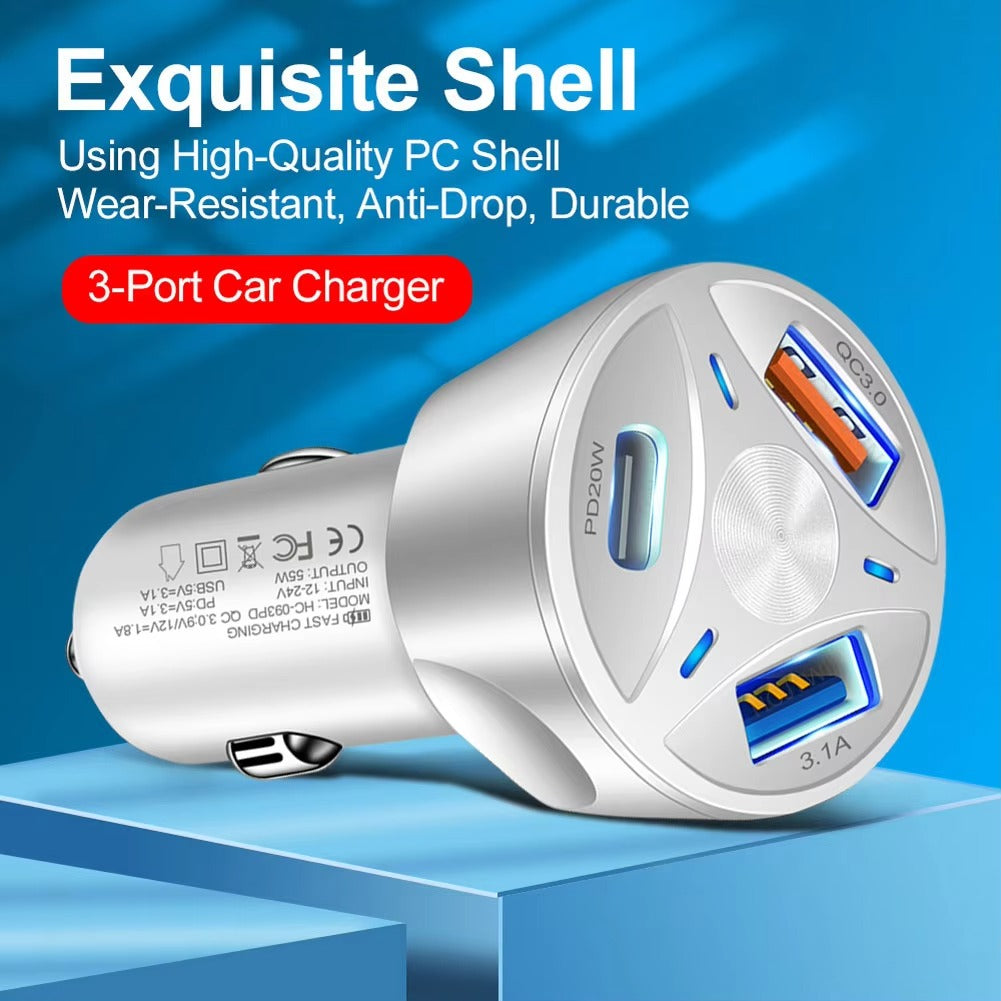 High Speed 55W USB Car Charger Adapter – 4-Port PD & QC3.0 Fast Charging Cigarette Lighter Plug with LED Display, Smart Protection for Phones & Tablets