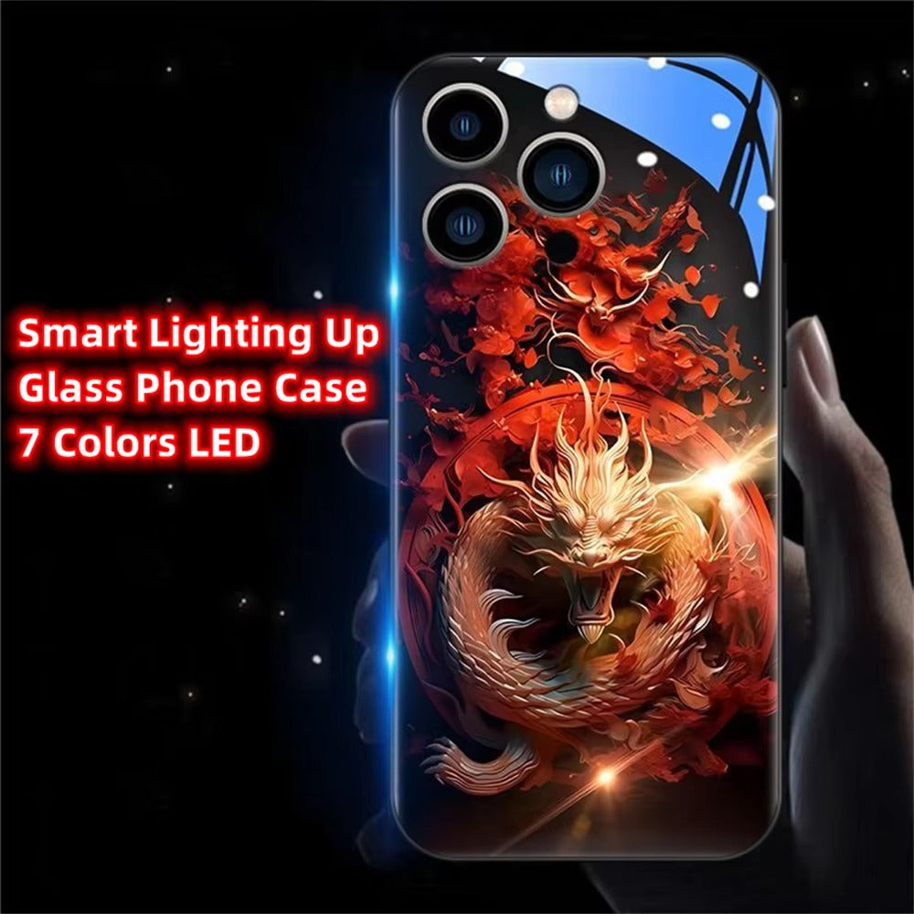 Premium Apple iphone Case, LED Flash, Sound Reactive, Shockproof, Ultra Thin, Full Body Protection, Golden Dragon Luminous Glass Cover