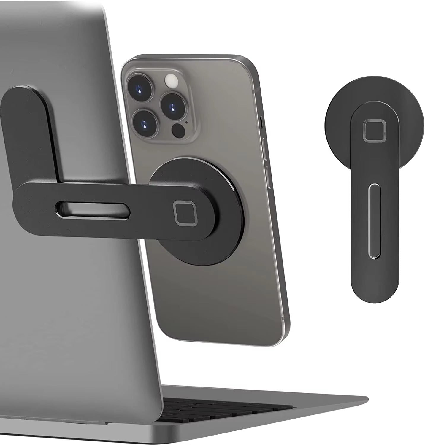Premium, Magnetic Laptop Phone Holder – Slim, Foldable Mount for Computer Monitor Side, Compatible with All Smartphones, with or without Phone Case