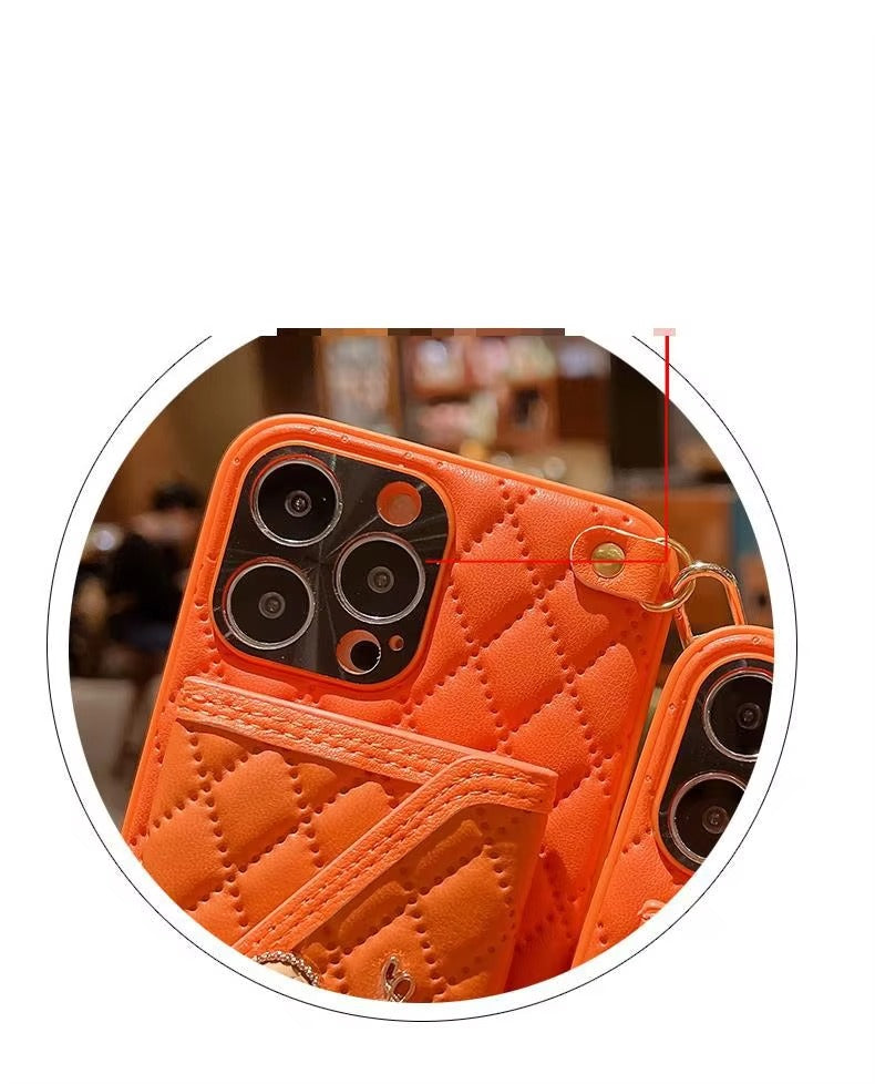 Luxury Apple iPhone Case, MagSafe Compatible, Camera Lens & Screen Protection, Ultra Thin, Shockproof, Magnetic Full All Around Cover – Rhombic Pattern PU Leather Card Holder Case with Lanyard Strap