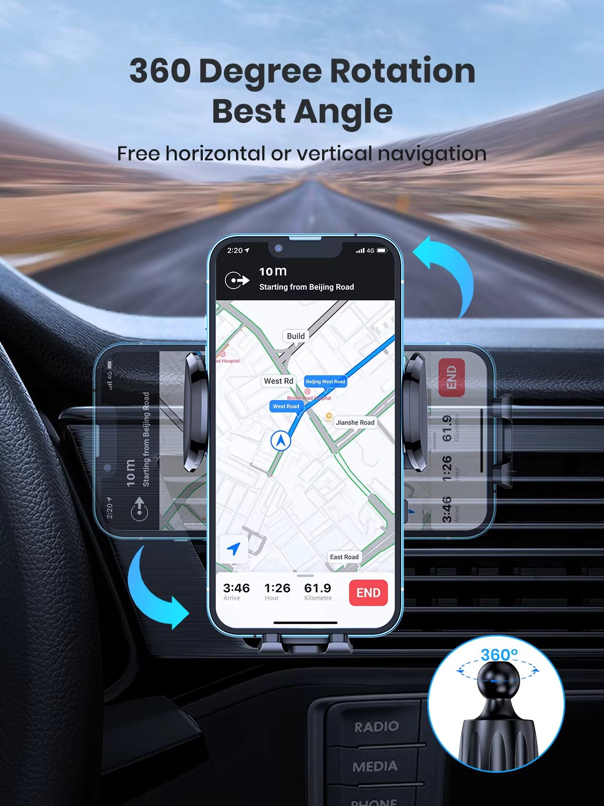 High Quality Universal Car Phone Holder – 360° Rotating Vent Mount with Hook Clip, Apple iPhone Devices