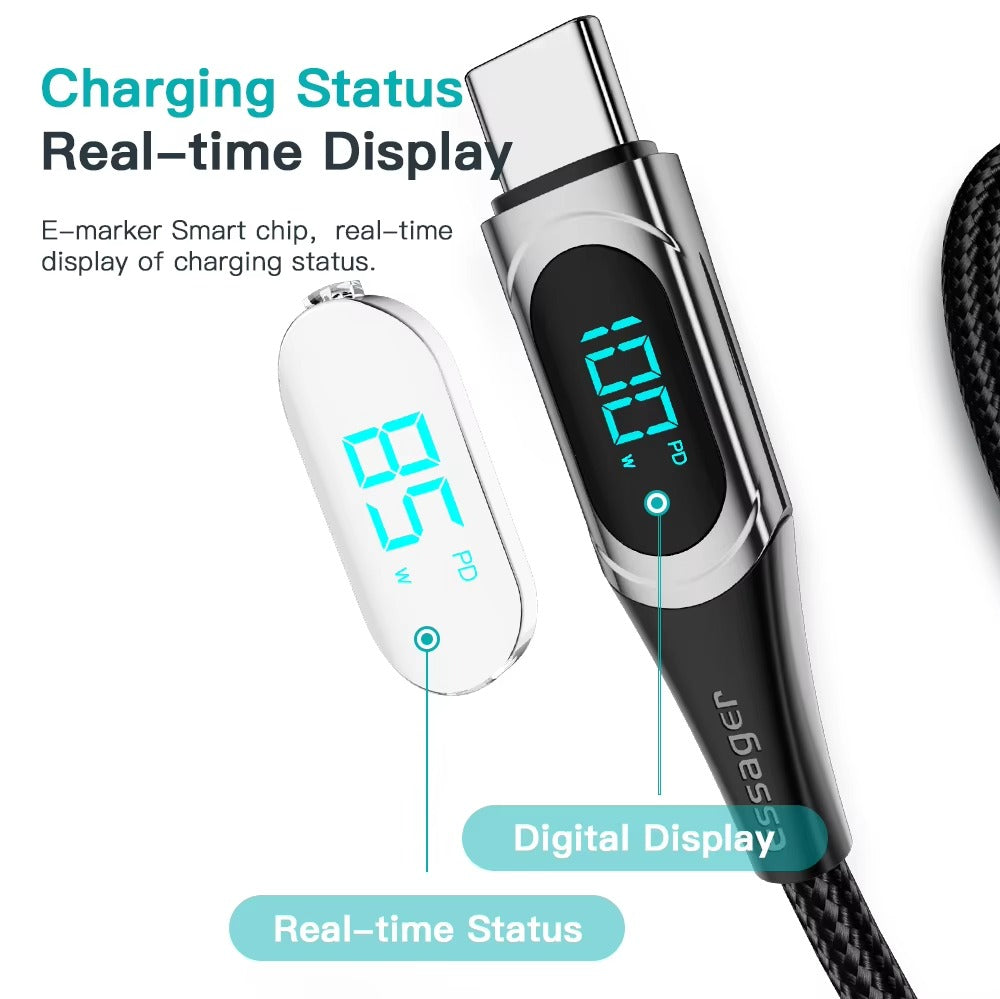High Power 100W USB-C to USB-C Cable – Fast Charging 5A PD Charger Cord with LED Display, 480Mbps Data Transfer, 1m/2m Nylon Braided Wire for Laptop & Phone