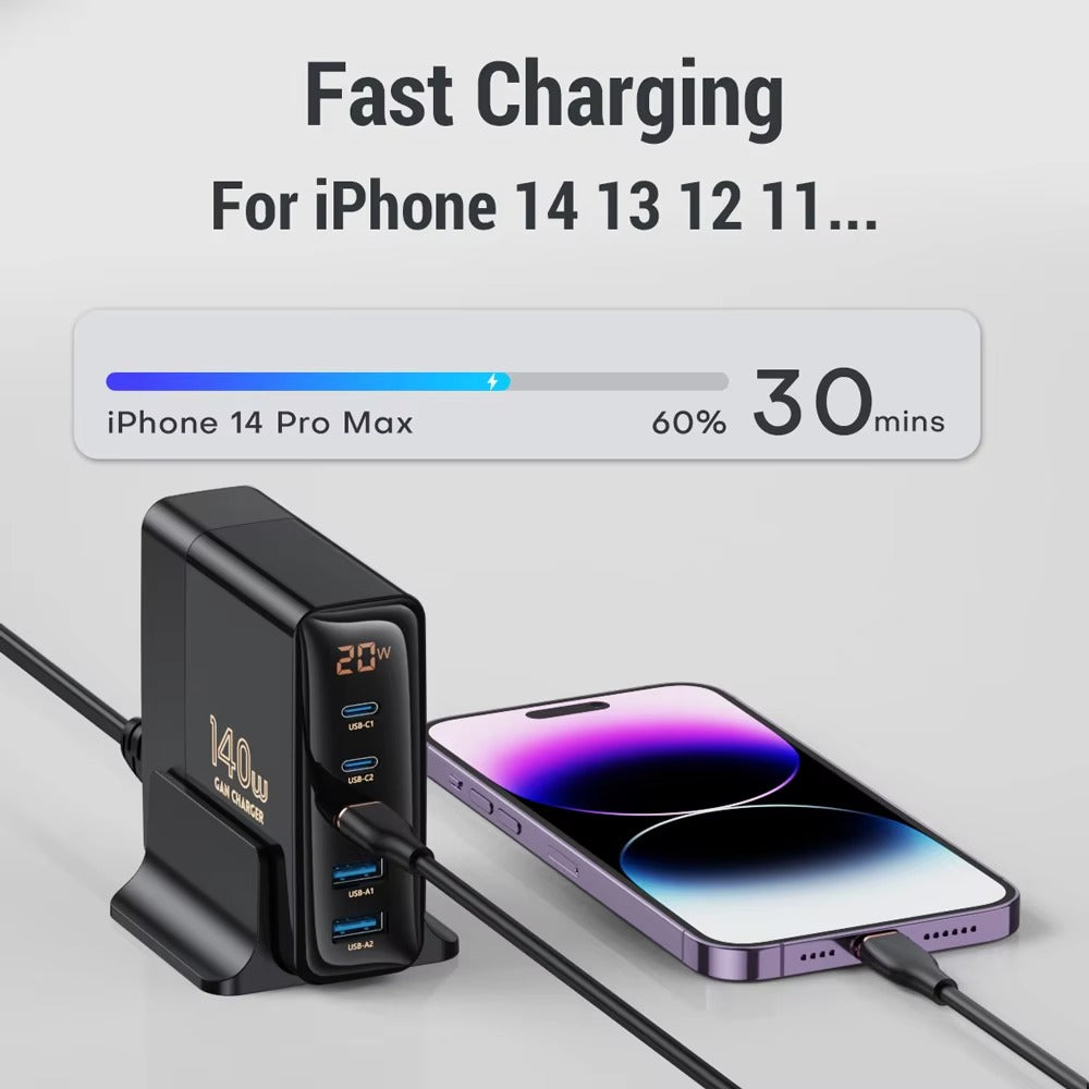 High Quality 140W GaN Desktop Charger – 5 Port Fast Charging Station with USB C PD PPS QC Support for Laptops, Tablets, Phones and Smart Devices