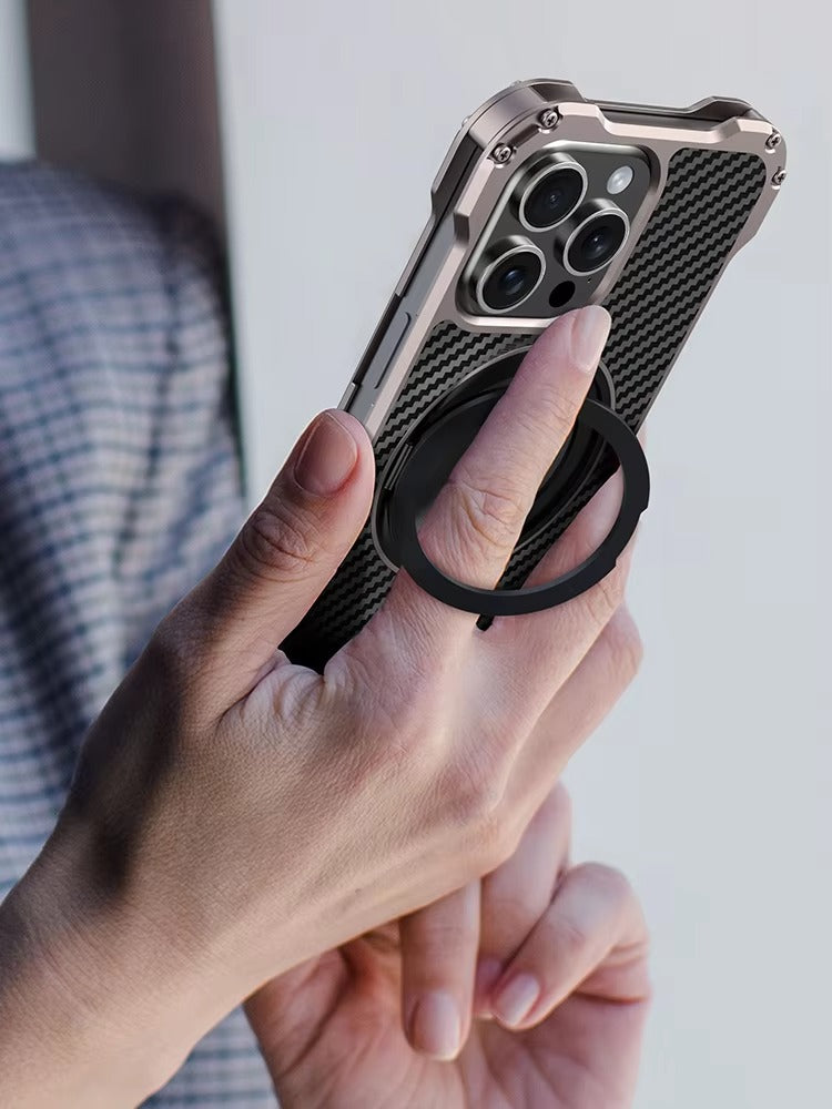 Robust Apple iPhone Case, MagSafe Compatible, Camera Lens & Screen Protection, Ultra Thin, Shockproof, Magnetic Full All Around Cover – Carbon Fiber Aluminum Alloy Case with Built-In Holder Ring & Lightweight Frame