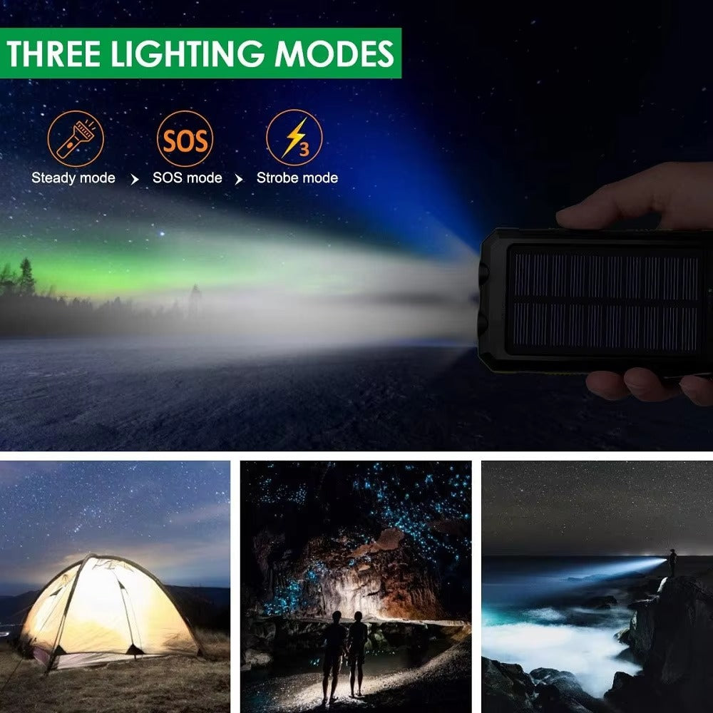 Robust 80000mAh Solar Power Bank – Portable Waterproof Charger with Dual USB, Strong LED Flashlight, Digital Display, Compass & Outdoor Emergency Features