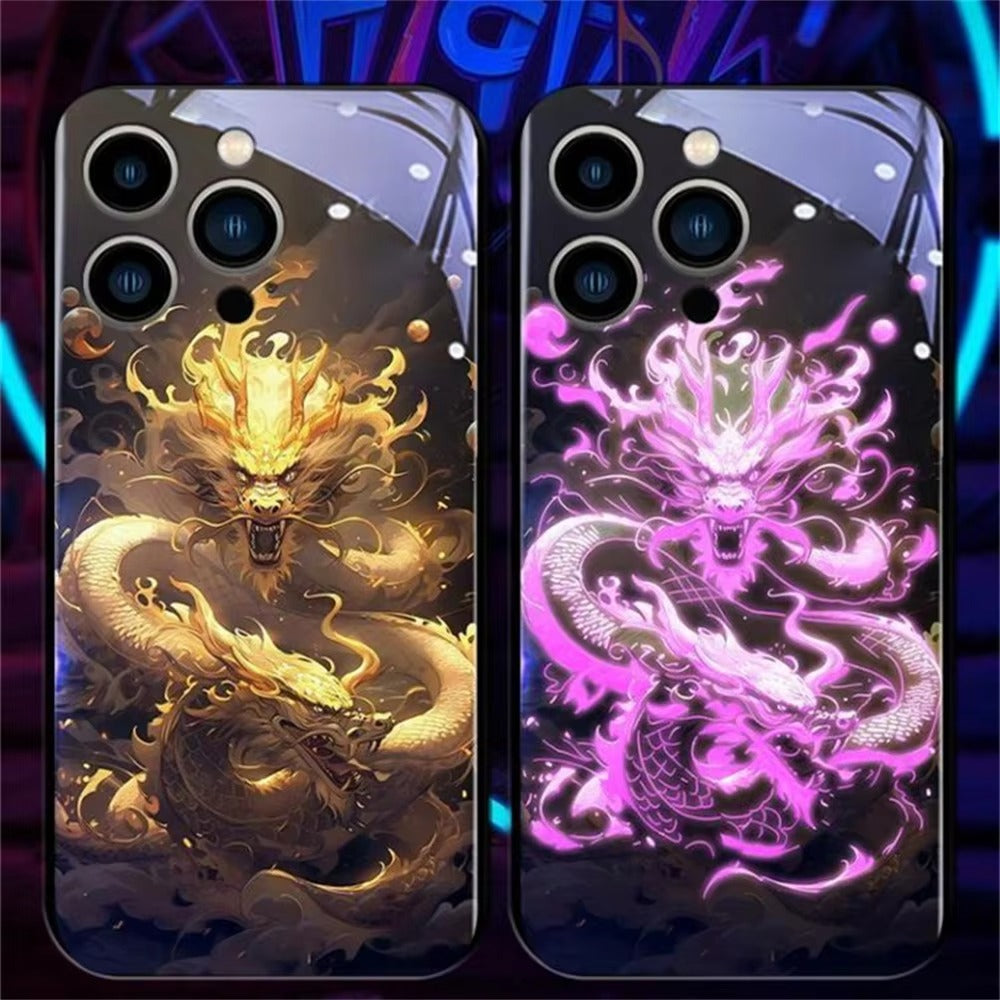 Premium Apple iphone Case, LED Flash, Sound Reactive, Shockproof, Ultra Thin, Full Body Protection, Golden Dragon Luminous Glass Cover