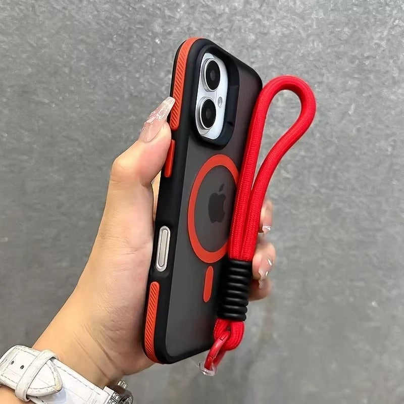 Luxury Apple iPhone Case Ultra Thin Shockproof Magnetic Full All Around Protection Cover with Matte Stand & Wrist Strap