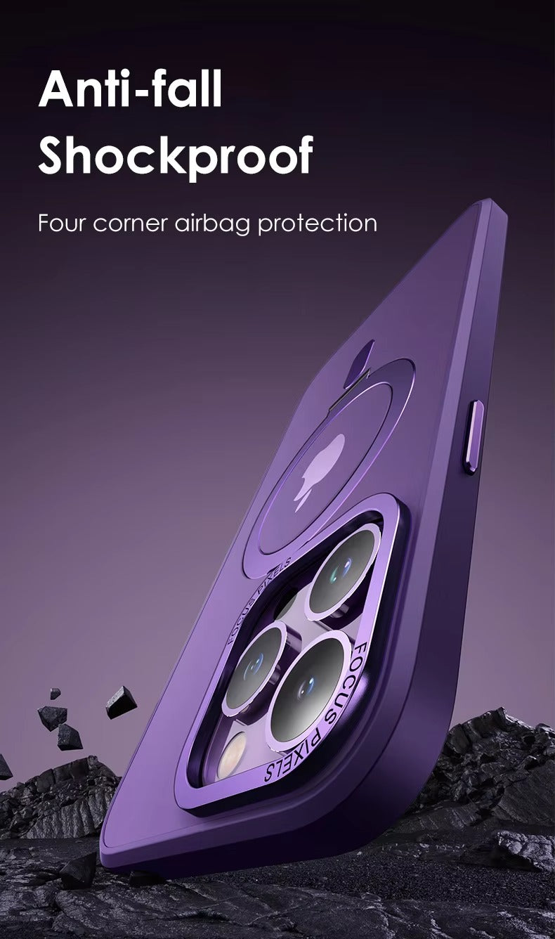 High Quality Apple iPhone Case MagSafe Compatible, Camera Lens & Screen Protection, Cover with Aluminum Stand & Metal Lens