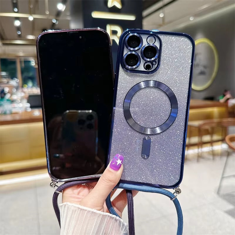 Luxury Apple iPhone Case, MagSafe Compatible, Camera Lens & Screen Protection, Ultra Thin, Shockproof, Magnetic Full All Around Cover – Glitter Crossbody Plating TPU Soft Back Case