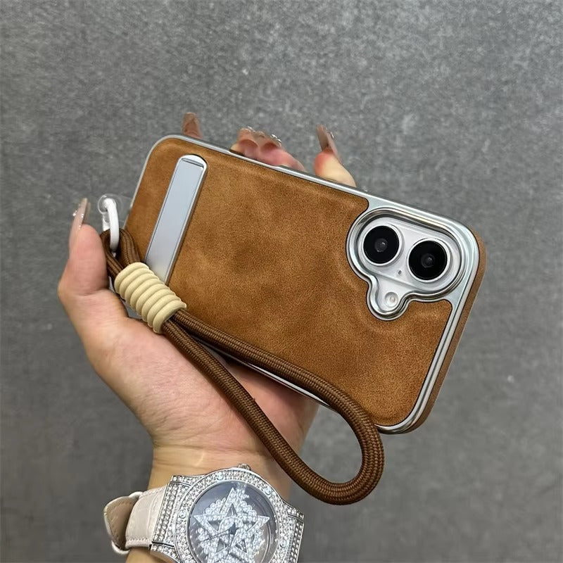 High-End Apple iPhone Case, MagSafe Compatible, Camera Lens & Screen Protection, Ultra Thin, Shockproof, Magnetic Full All Around Cover – Business Plating Leather Case with Kickstand, Wrist Strap & Hand Chain
