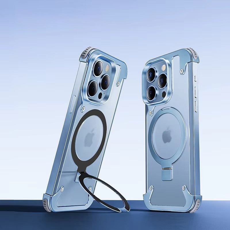 Luxury Edgeless Apple iPhone Case, MagSafe Compatible, Ultra Thin Magnetic Metal Frame and Aluminum Kickstand