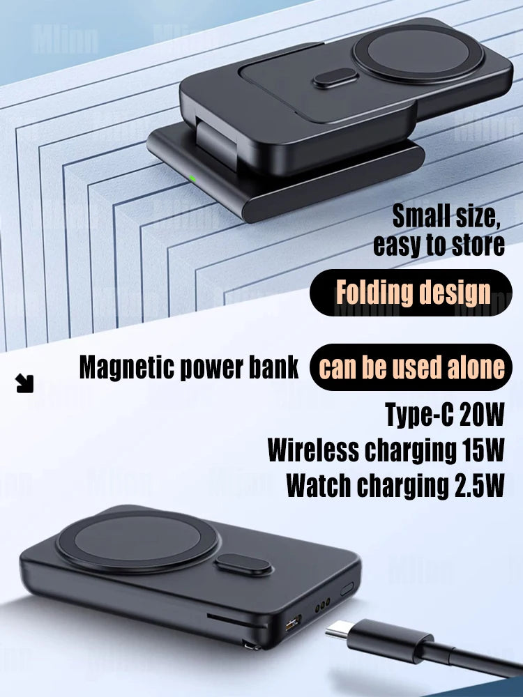 Premium 3-in-1 Magnetic Wireless Charging Station & Portable Power Bank – Fast Charger for iPhone, Apple Watch & AirPods with Detachable Design