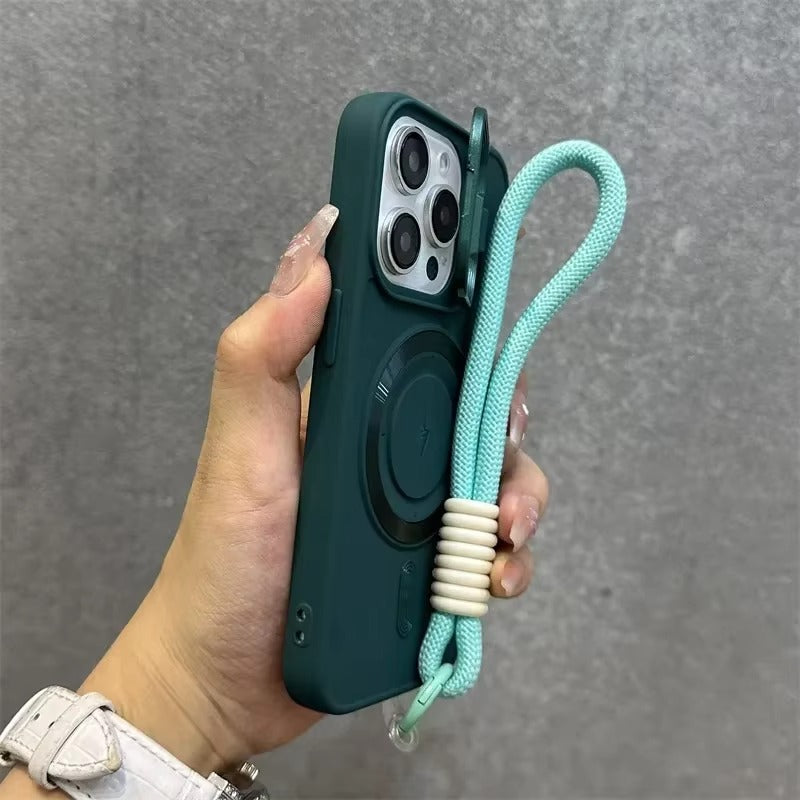 Premium Apple iPhone Case, MagSafe Compatible, Camera Lens & Screen Protection, Ultra Thin, Shockproof, Magnetic Full All Around Cover – Soft Silicone Case with Wrist Strap, Magnetic Lanyard & Lens Stand Bracket