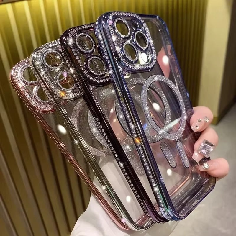 Luxury Pink Glitter Apple iPhone Case, MagSafe Compatible, Ultra Thin Magnetic Shockproof Full Protection Cover and Diamond Clear Plated Shell