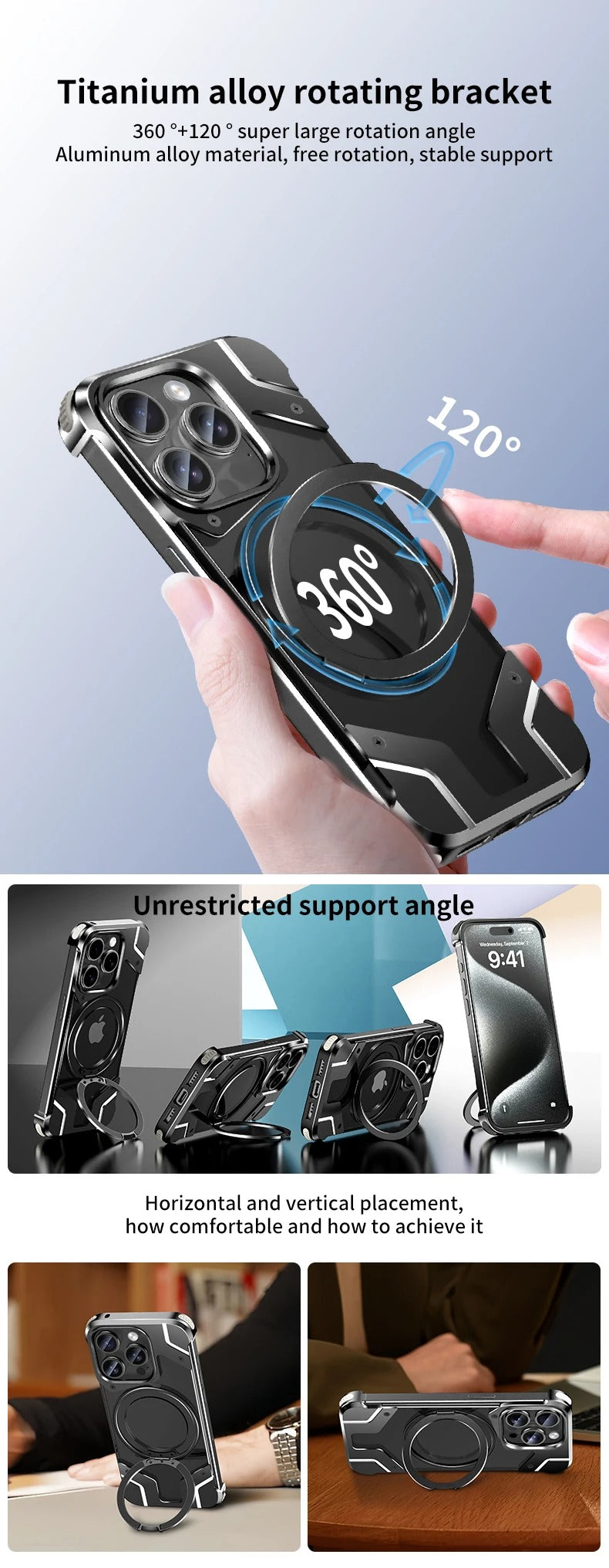 Luxury Apple iPhone Case, MagSafe Compatible, Camera Lens & Screen Protection, Ultra Thin, Shockproof, Magnetic Full All Around Cover – 360° Aluminum Alloy Rimless Case with Transparent PC & Built-In Bracket