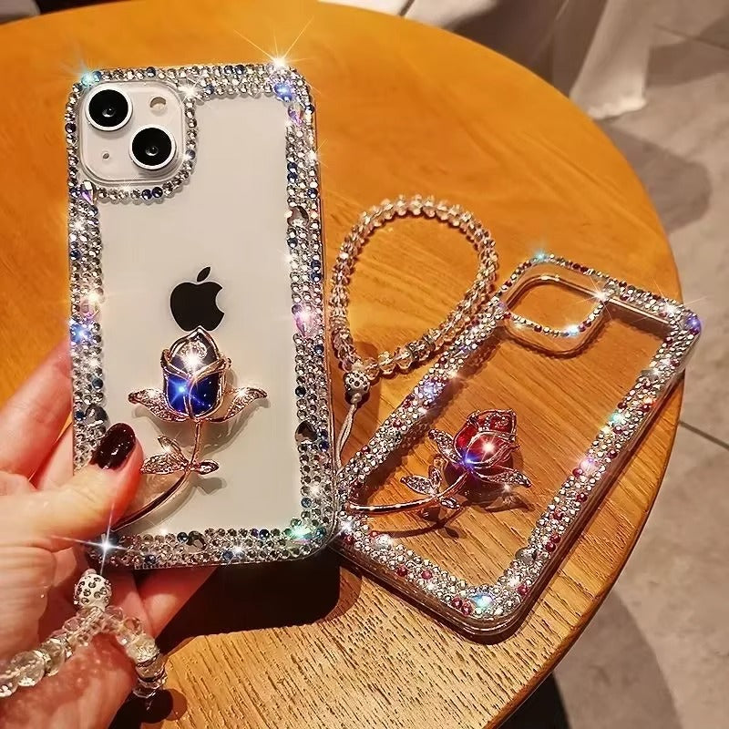 Luxury Apple iPhone Case, MagSafe Compatible, Camera Lens & Screen Protection, Ultra Thin, Shockproof, Magnetic Full All Around Cover – Diamond Bling Rhinestone Case with Glitter Rose Design for Sparkling Protection