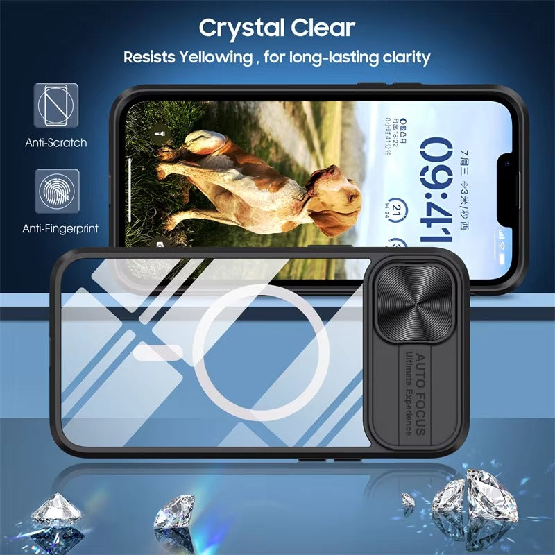 Premium Apple iPhone Case MagSafe Compatible, Camera Lens & Screen Protection, Cover with Slide Lens & Clear Acrylic Back