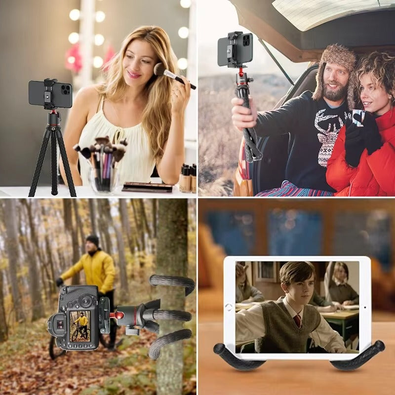 Robust, Flexible Octopus Tripod with Ball Head – Extendable 1/4'' Screw, Cold Shoe, Phone Clip for Camera, and Apple iPhone