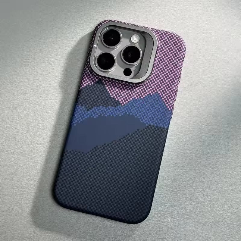 Luxury Apple iPhone Case, MagSafe Compatible, Camera Lens & Screen Protection, Ultra Thin, Shockproof, Magnetic Full All Around Cover – Matte Carbon Magnetic Slim Case with Stand, Lens Guard & Cloud Pattern Design
