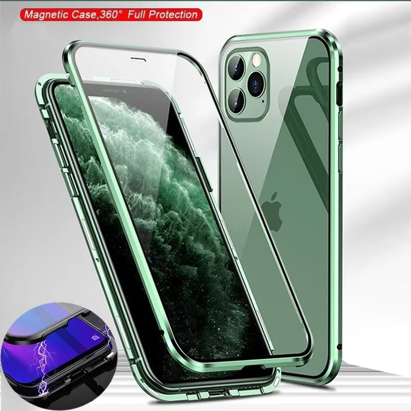 Luxury Apple iPhone Case, MagSafe Compatible, Camera Lens and Screen Protection, Ultra Thin, Shockproof, Magnetic, Full All Around Protection, 360 Glass Magnet Cover