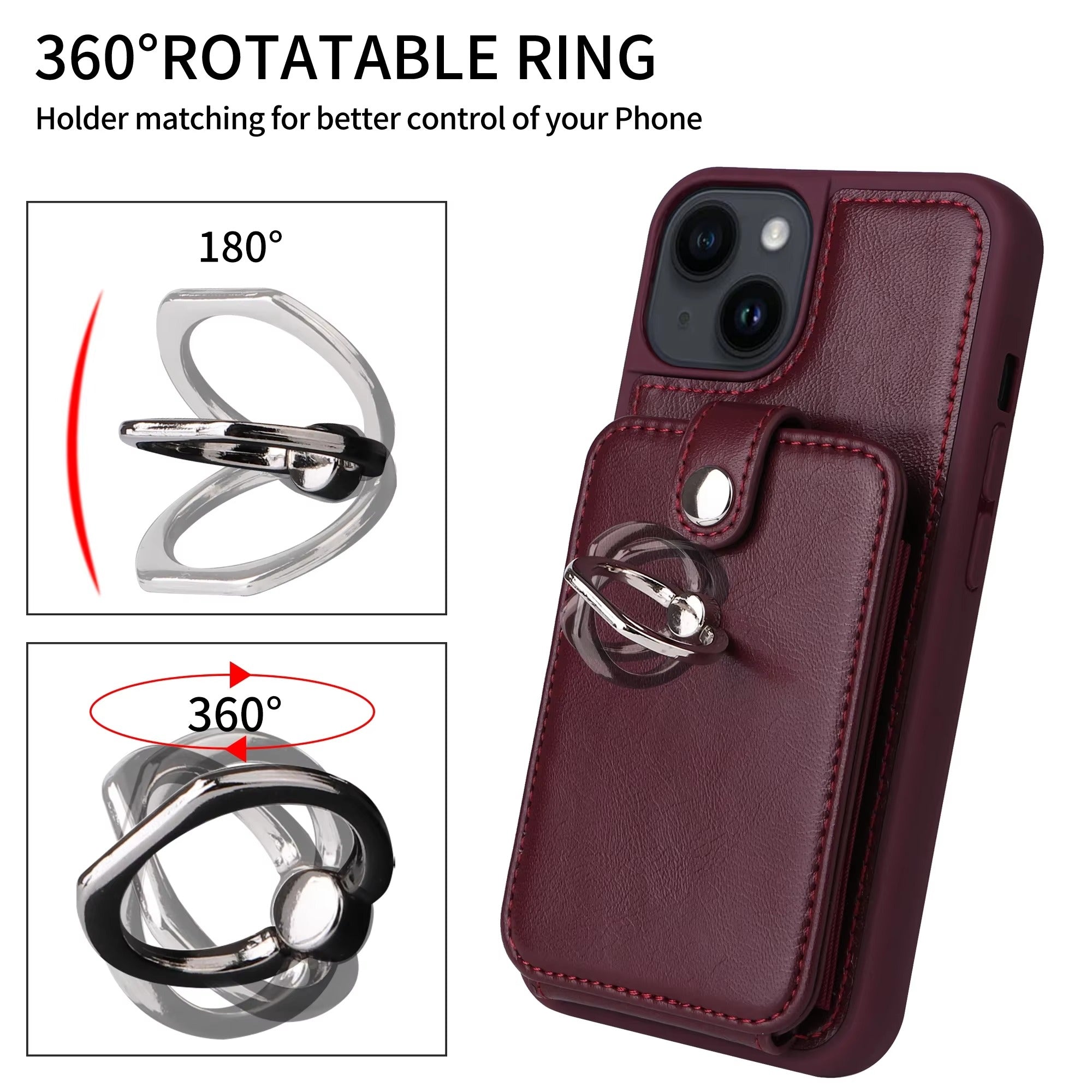 Premium Leather Apple iPhone Case, MagSafe Compatible, Ultra Thin Magnetic Card Slot Wallet and Ring Grip
