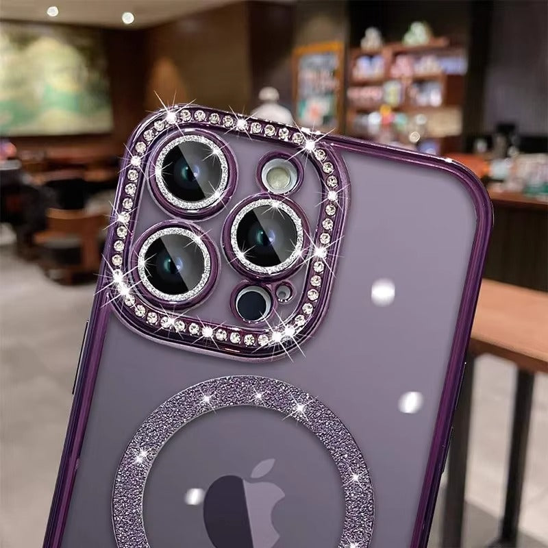 Luxury Pink Glitter Apple iPhone Case, MagSafe Compatible, Ultra Thin Magnetic Shockproof Full Protection Cover and Diamond Clear Plated Shell