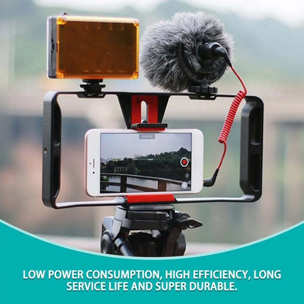 Robust Smartphone Video Rig Stabilizer with Dual Handgrips – Universal Handheld Phone Cage for YouTube, Live Streaming, Vlogging, LED & Mic Mount