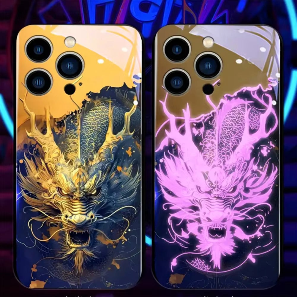 Premium Apple iphone Case, LED Flash, Sound Reactive, Shockproof, Ultra Thin, Full Body Protection, Golden Dragon Luminous Glass Cover