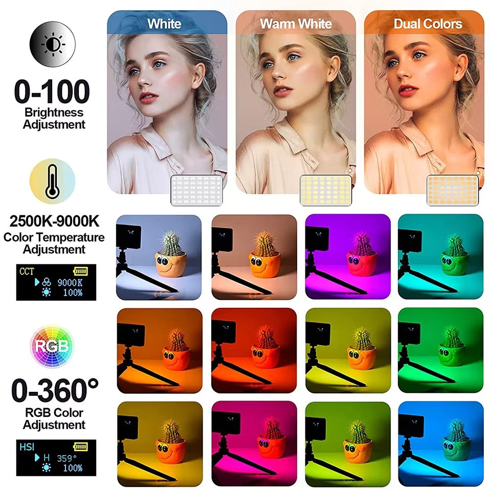 High Quality, RGB LED Video Light Panel – Adjustable 2500–9000K Fill Light with LCD Display, Vlogging, and Apple Devices