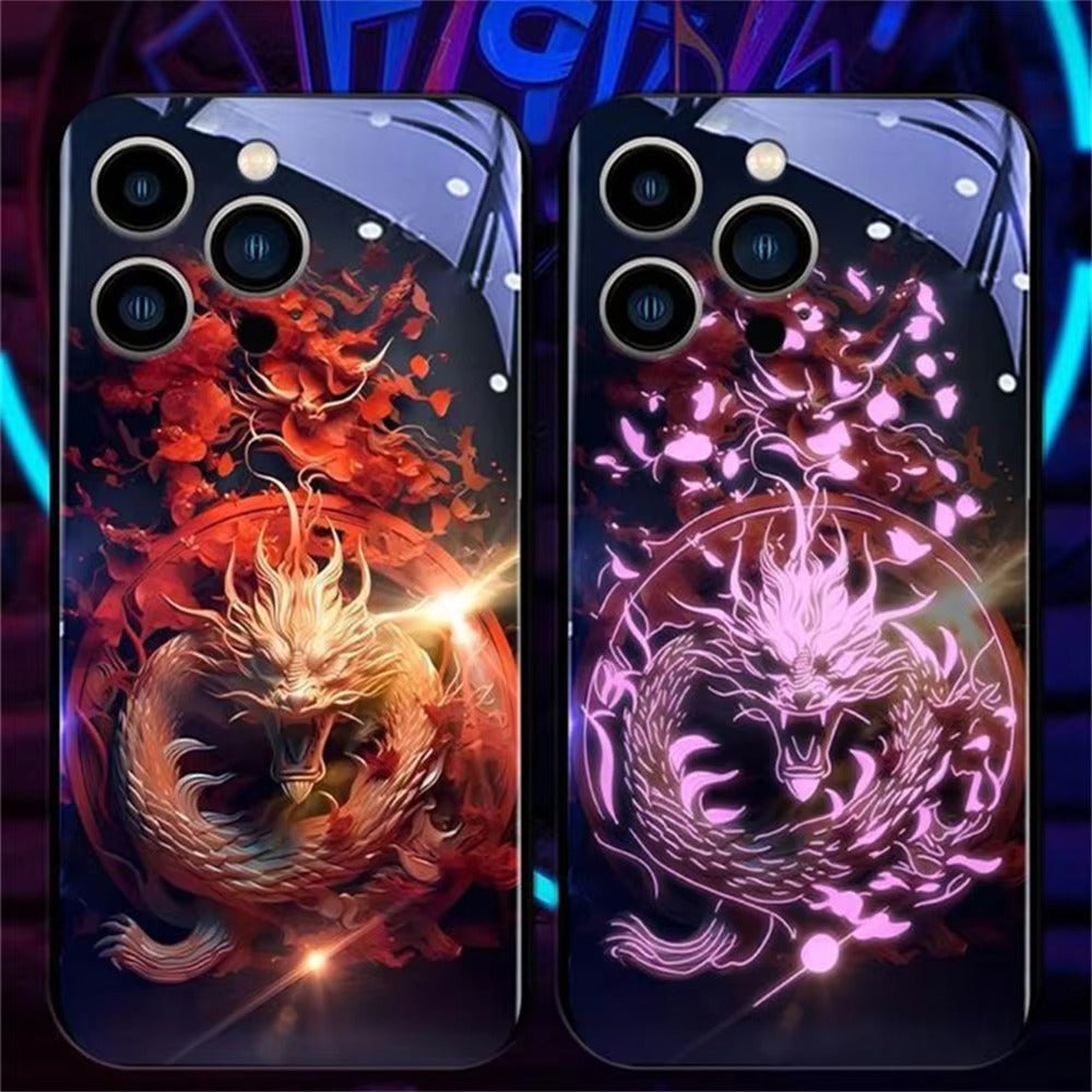 Premium Apple iphone Case, LED Flash, Sound Reactive, Shockproof, Ultra Thin, Full Body Protection, Golden Dragon Luminous Glass Cover