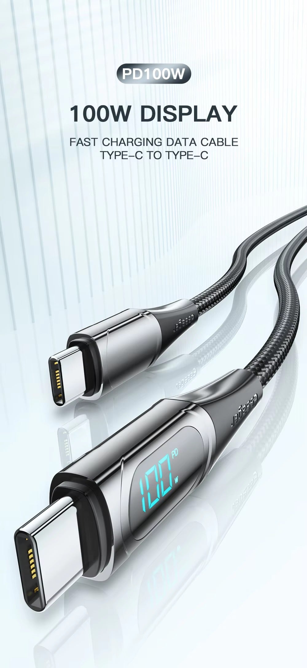 High Power 100W USB-C to USB-C Cable – Fast Charging 5A PD Charger Cord with LED Display, 480Mbps Data Transfer, 1m/2m Nylon Braided Wire for Laptop & Phone
