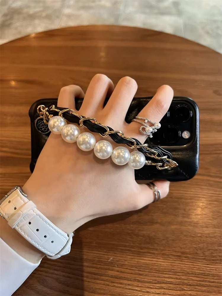 High Quality Apple iPhone Case, MagSafe Compatible, Camera Lens & Screen Protection, Ultra Thin, Shockproof, Magnetic Full All Around Cover – Lambskin Leather Handbag Case with Flower Pearl Strap & Long Metal Chain