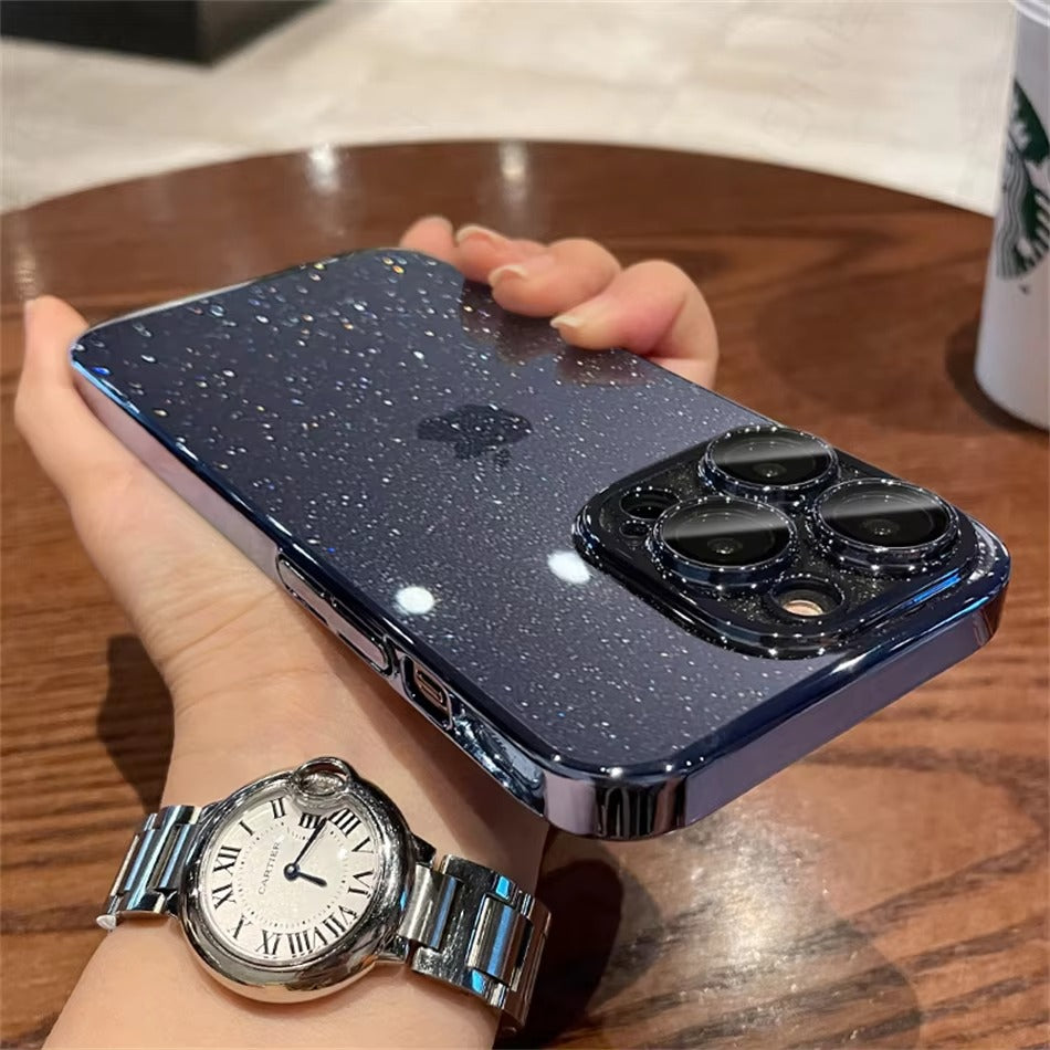 Luxury Apple iPhone Case, MagSafe Compatible, Camera Lens & Screen Protection, Ultra Thin, Shockproof, Magnetic Full All Around Cover – Transparent Glitter Slim Case with Electroplated Gold Bumper & Hard Plastic Back