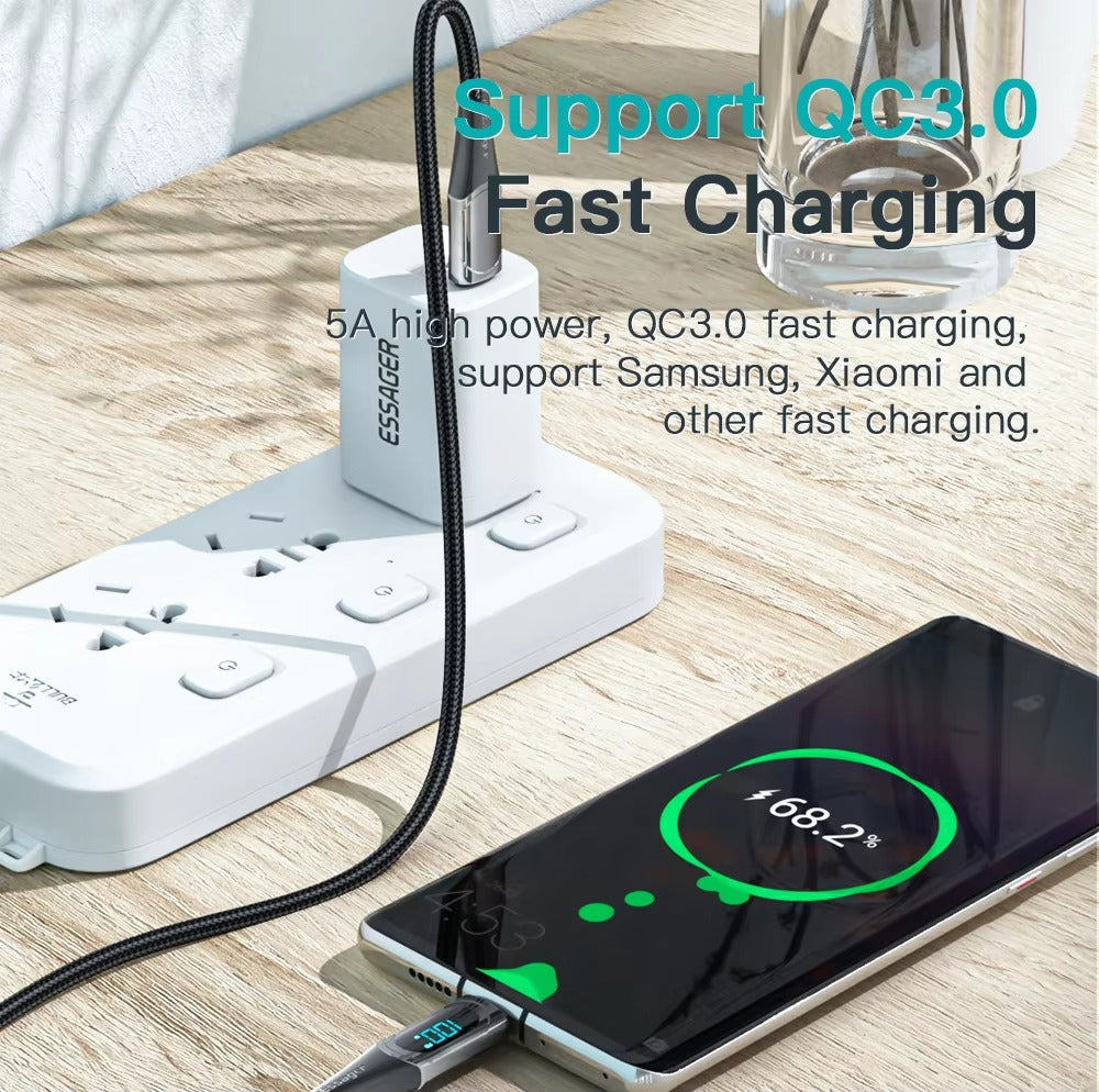 High Power 100W USB-C to USB-C Cable – Fast Charging 5A PD Charger Cord with LED Display, 480Mbps Data Transfer, 1m/2m Nylon Braided Wire for Laptop & Phone
