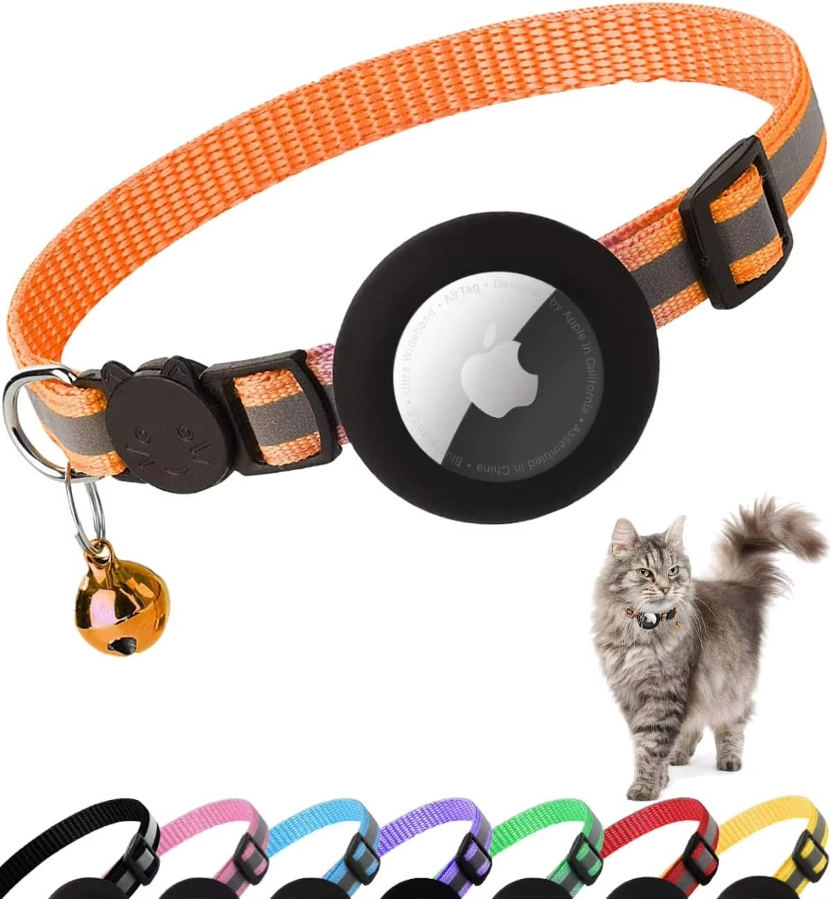 Premium Reflective Cat Collar with AirTag Holder – Adjustable Breakaway Design with Bell for Kittens and Small Pets 0.4" Wide