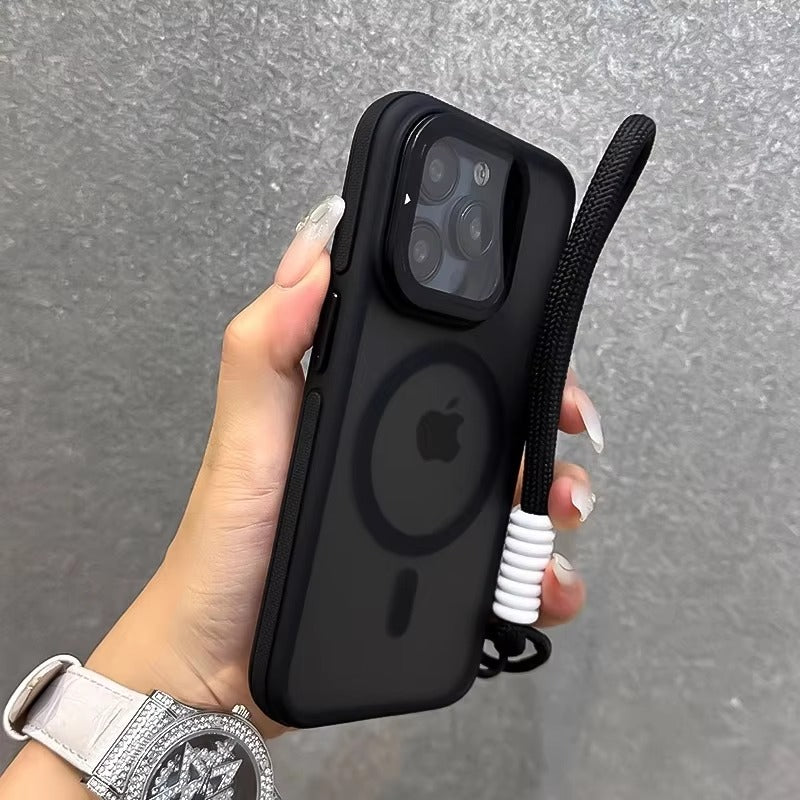 Luxury Apple iPhone Case Ultra Thin Shockproof Magnetic Full All Around Protection Cover with Matte Stand & Wrist Strap