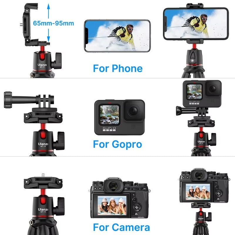 Robust, Flexible Octopus Tripod with Ball Head – Extendable 1/4'' Screw, Cold Shoe, Phone Clip for Camera, and Apple iPhone