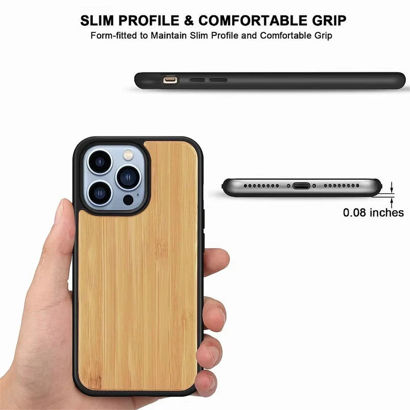Luxury Wood Apple iPhone Case, MagSafe Compatible, Ultra Thin Magnetic with Bamboo Texture, Hard Shell and Camera Lens Guard