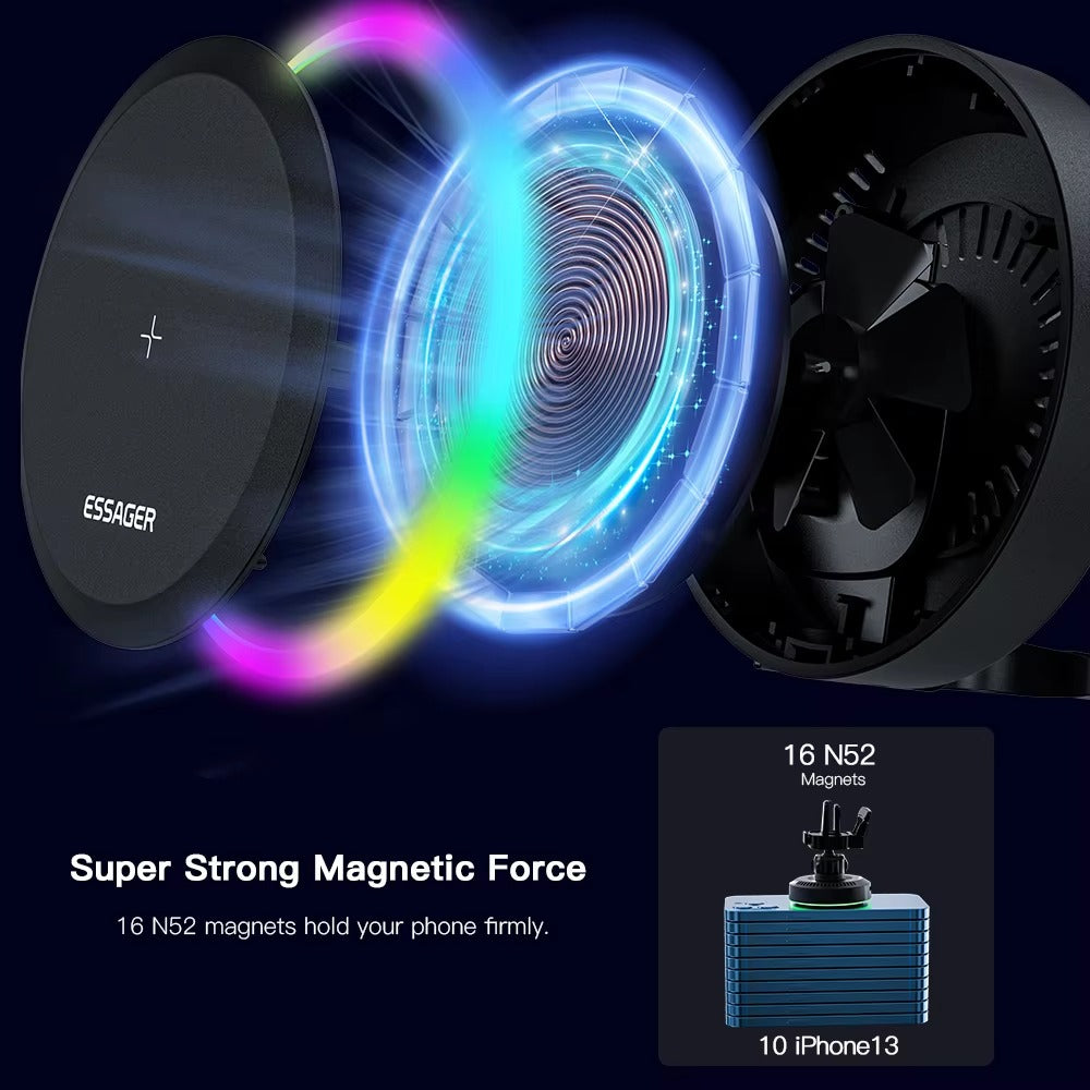 Premium, RGB, Magnetic Car Phone Holder, with 15W Qi Wireless Charging, Dashboard or Vent Mount, Fast Charger Stand for iPhone