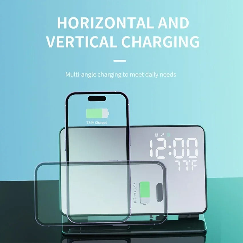 Premium 4 in 1 Wireless Charging Station with Alarm Clock – Fast Charger Stand for iPhone, Apple Watch, AirPods, Samsung Galaxy, Temperature & Date Display
