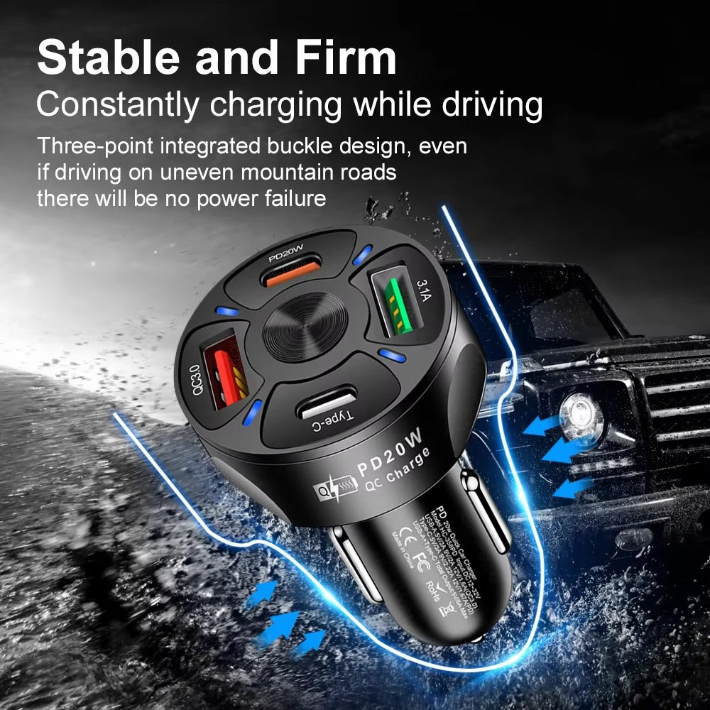 High Speed 55W USB Car Charger Adapter – 4-Port PD & QC3.0 Fast Charging Cigarette Lighter Plug with LED Display, Smart Protection for Phones & Tablets