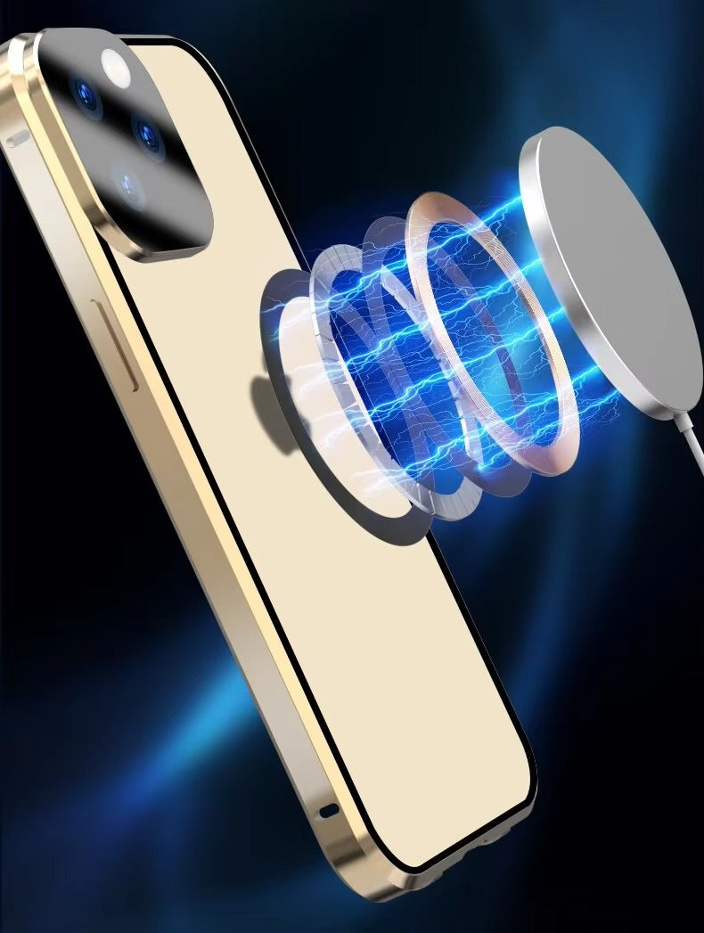 Premium Apple iPhone Case Ultra Thin Shockproof Magnetic Full All Around Protection Cover with Metal Frame Glass Design