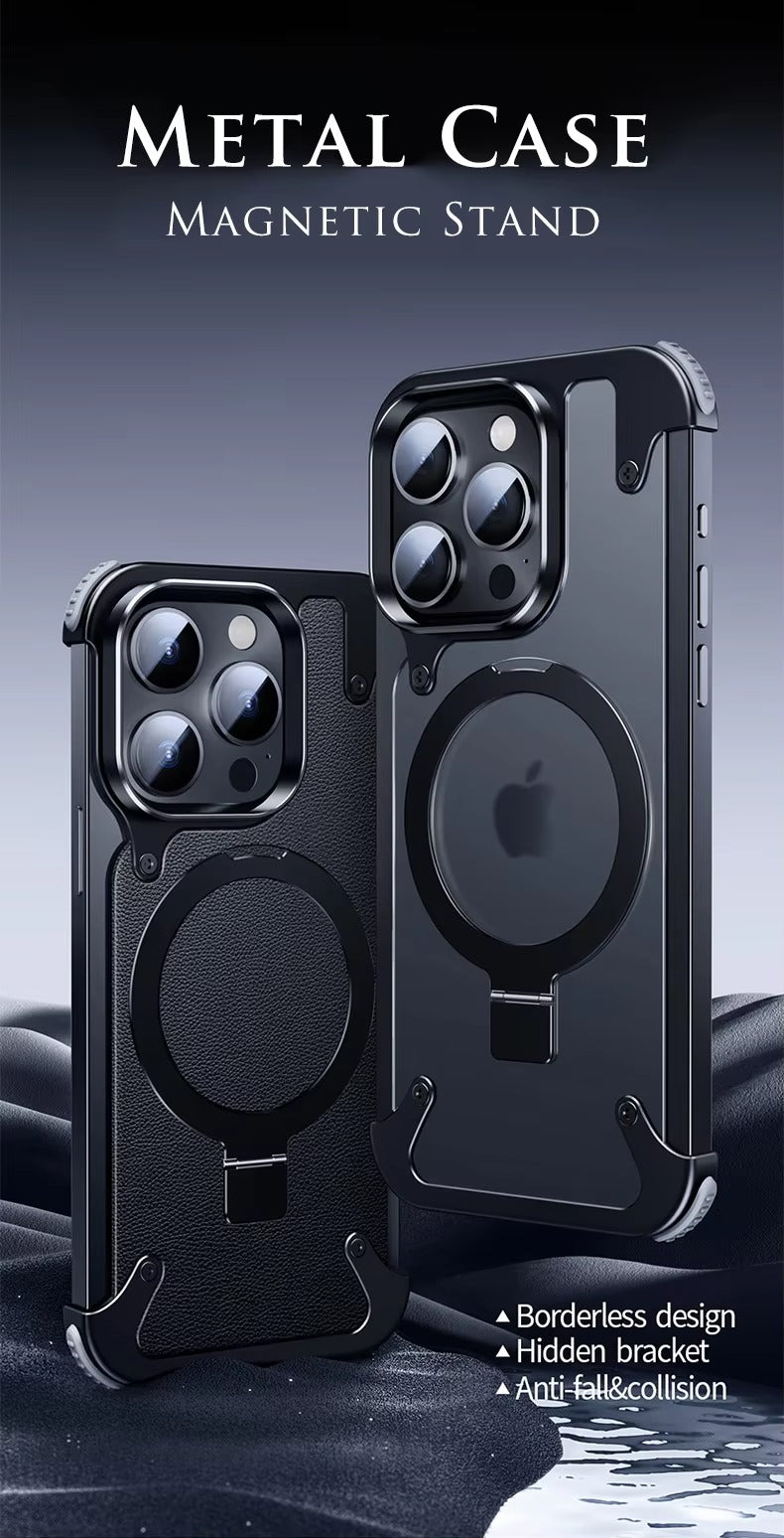 Luxury Edgeless Apple iPhone Case, MagSafe Compatible, Ultra Thin Magnetic Metal Frame and Aluminum Kickstand