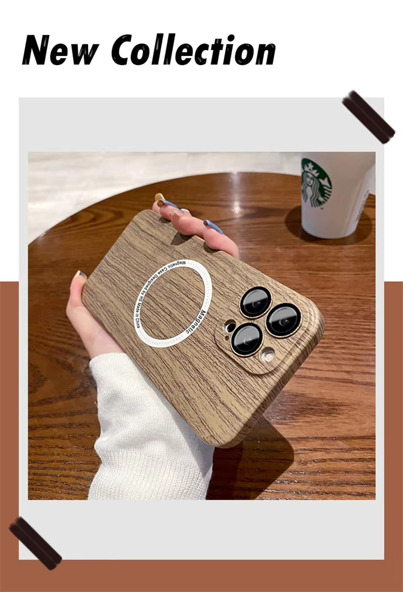 Premium Apple iPhone Case, MagSafe Compatible, Camera Lens and Screen Protection, Ultra Thin, Shockproof, Magnetic, Full All Around Protection, Wood Pattern Plastic Cover