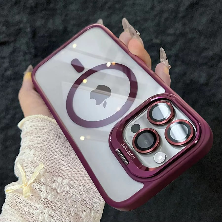 Premium Apple iPhone Case MagSafe Compatible, Camera Lens & Screen Protection, Cover with Transparent Stand & Lens Film